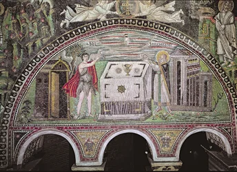 Abel offrar ett lamm och Melkisedek offrar bröd vid altaret, lunett på basilikans södra vägg (mosaik)